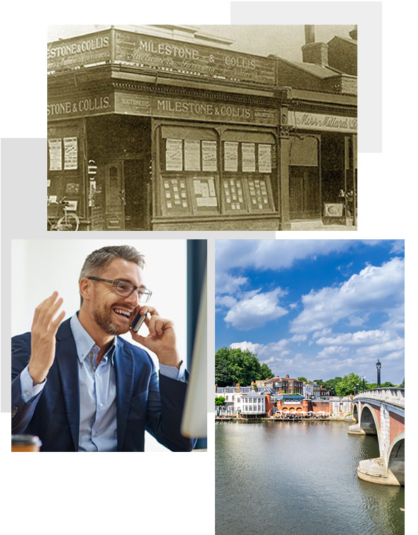 Mix of images: Milstone Estate Agent in 1890, Twickenham houses and Estate Agent