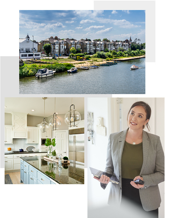 Mix of images: Twickenham, kitchen interior and Estate Agent